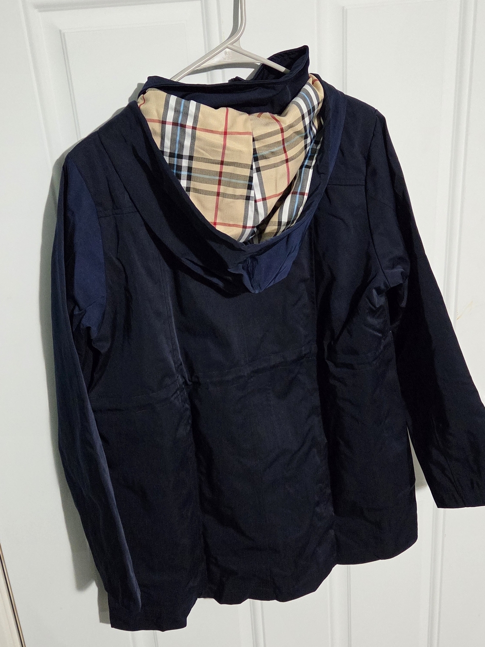Women's Navy Hooded Jacket with Plaid Lining